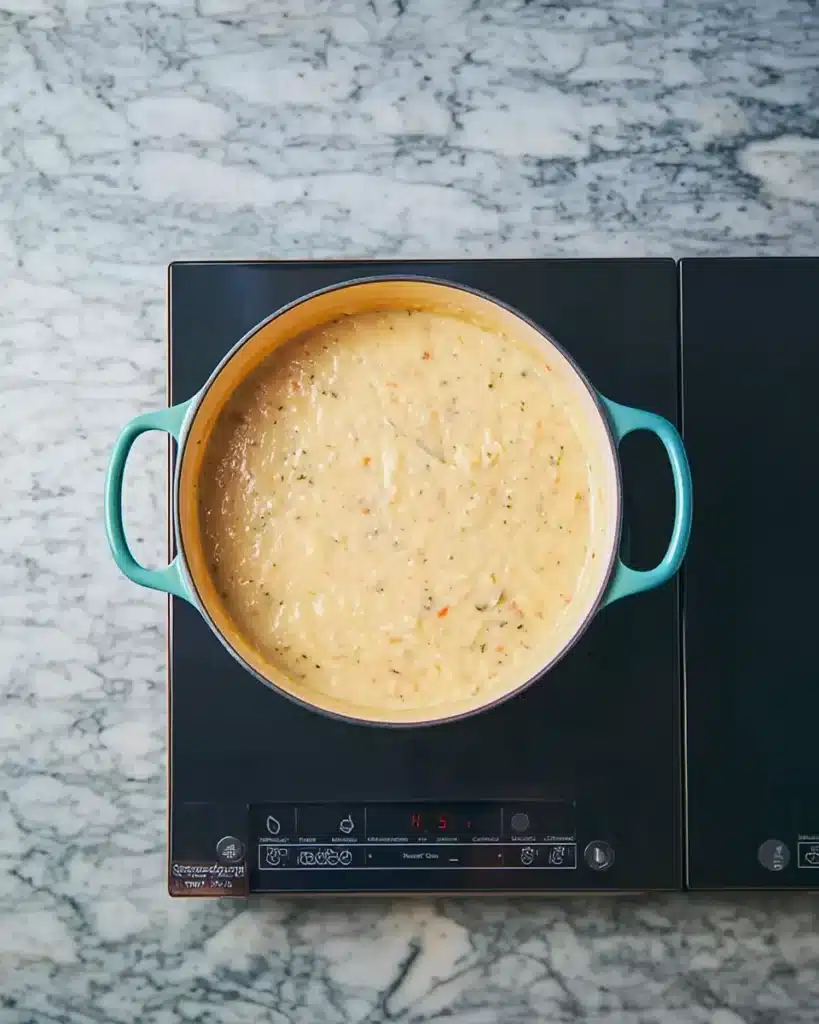 Absolutely Ultimate Potato Soup cooking in a pot on stovetop