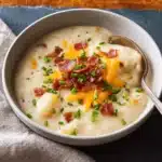 Creamy potato soup with bacon, cheddar cheese, and chives in a bowl