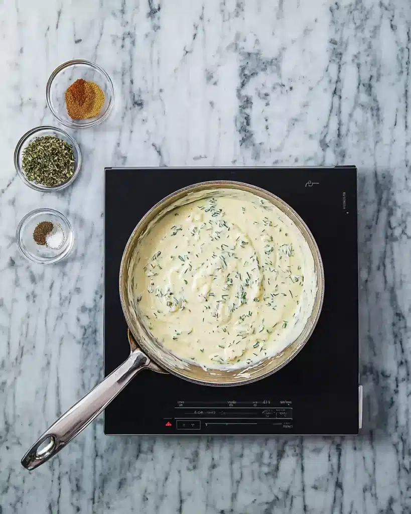 Cream base cooking in skillet for Absolutely Ultimate Potato Soup