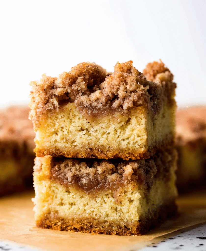 Stacked apple crumb cake squares with golden crumb topping