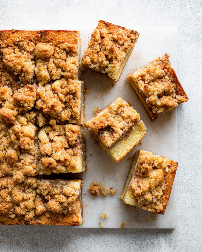Sliced apple crumb cake squares with golden crumb topping