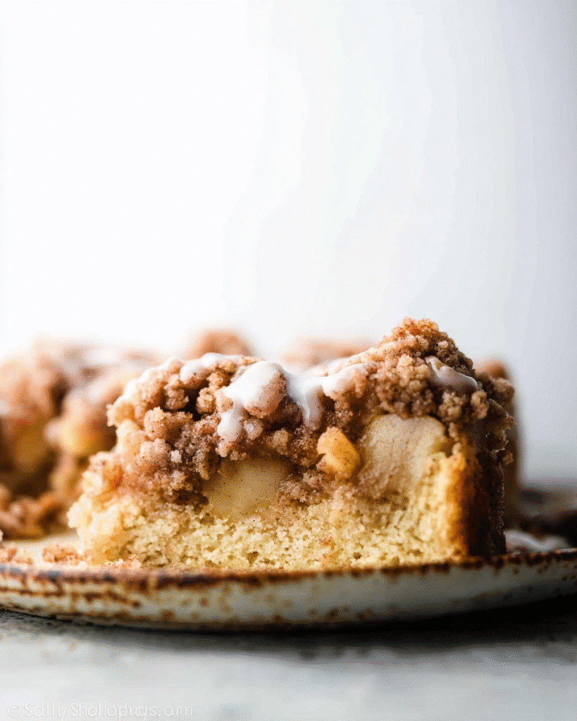 Apple crumb cake with golden crumb topping and cinnamon apples