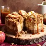 Apple crumble cheesecake with caramel drizzle and crumb topping on wooden board
