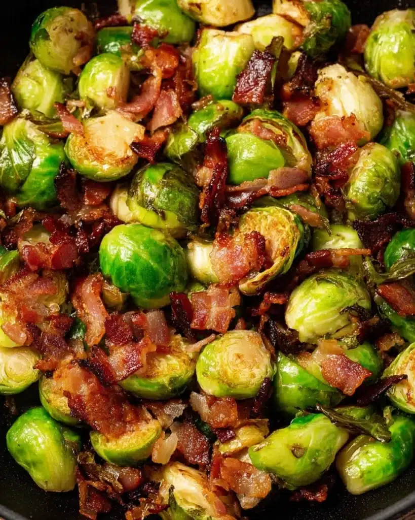 Sautéed Brussels sprouts with crispy bacon pieces in a skillet.