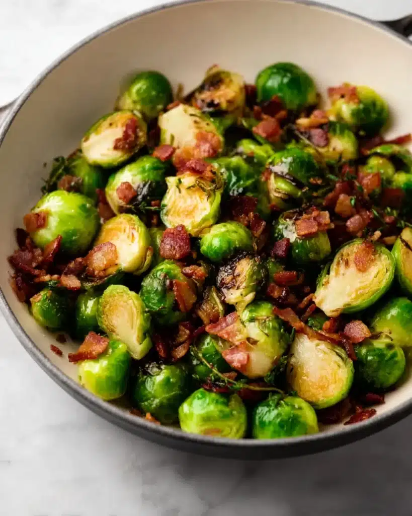 Sautéed Brussels sprouts with crispy bacon in a white skillet.