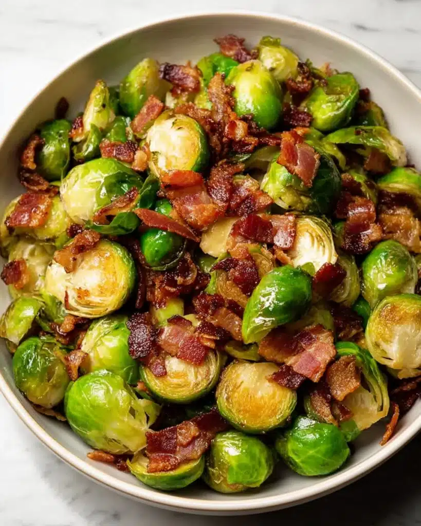 Bacon Brussels Sprouts with crispy bacon pieces in a white bowl.