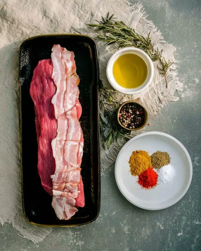 Raw pork tenderloin with bacon, spices, rosemary, and olive oil on a prep tray