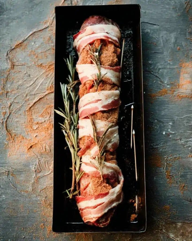 Pork tenderloin wrapped with bacon and rosemary in a prep tray