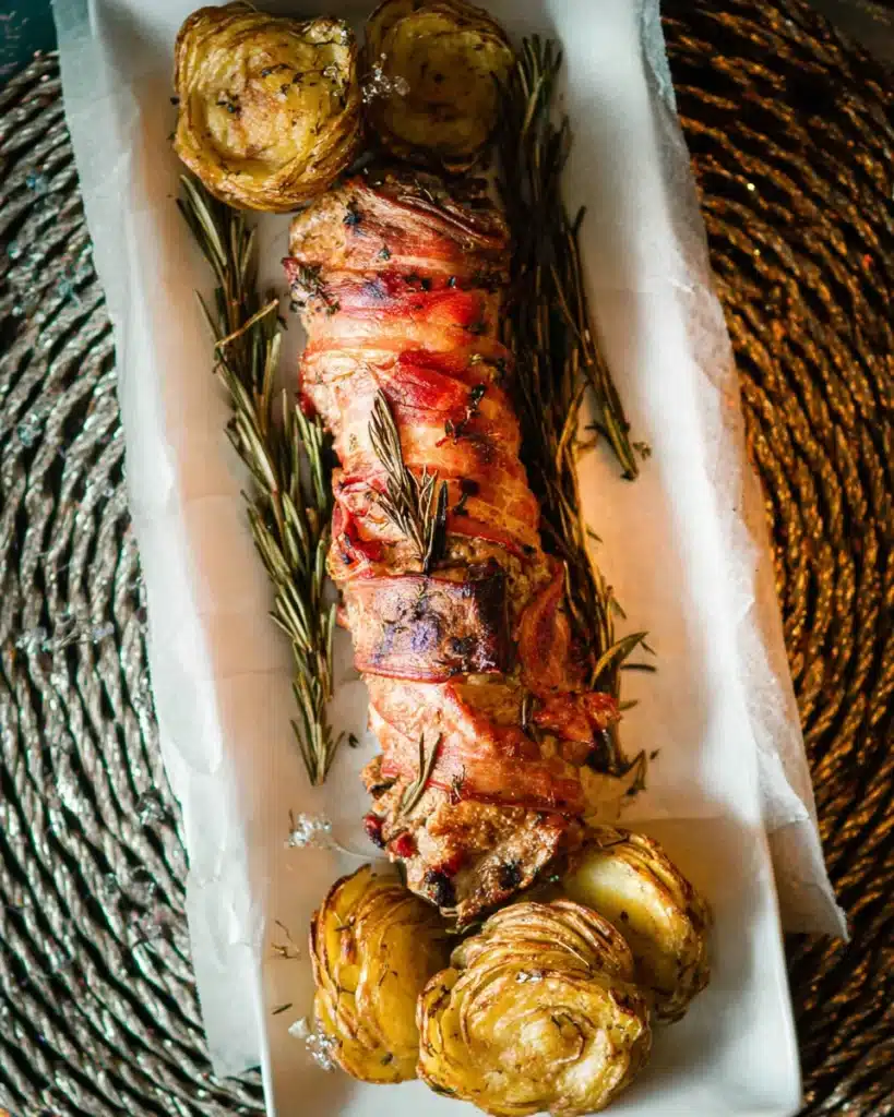 Finished bacon wrapped pork tenderloin with rosemary and roasted potatoes