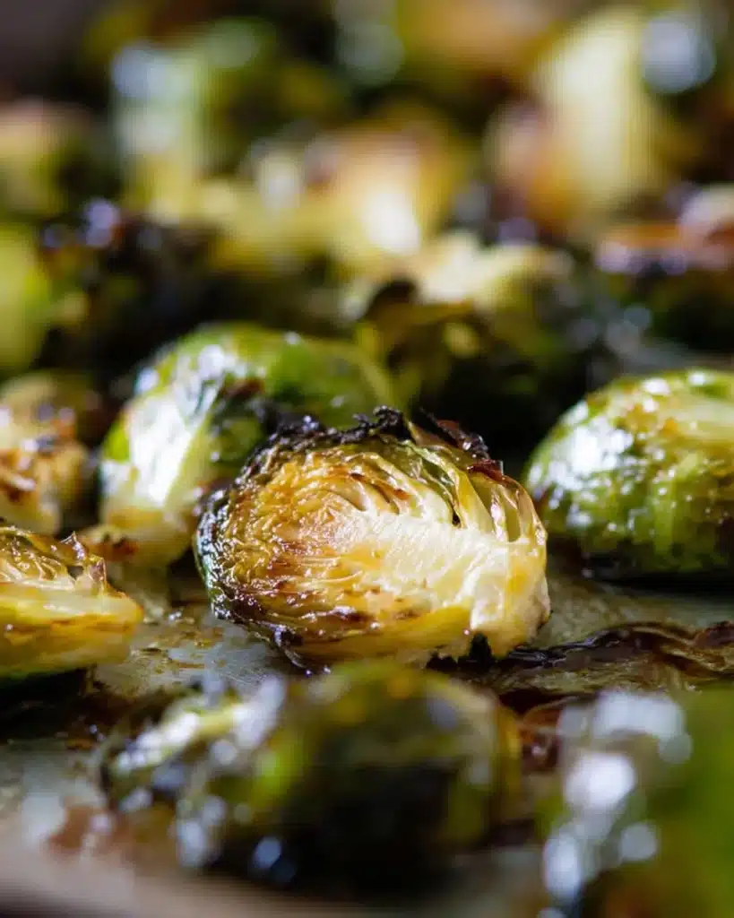 Close-up of roasted balsamic glazed Brussels sprouts