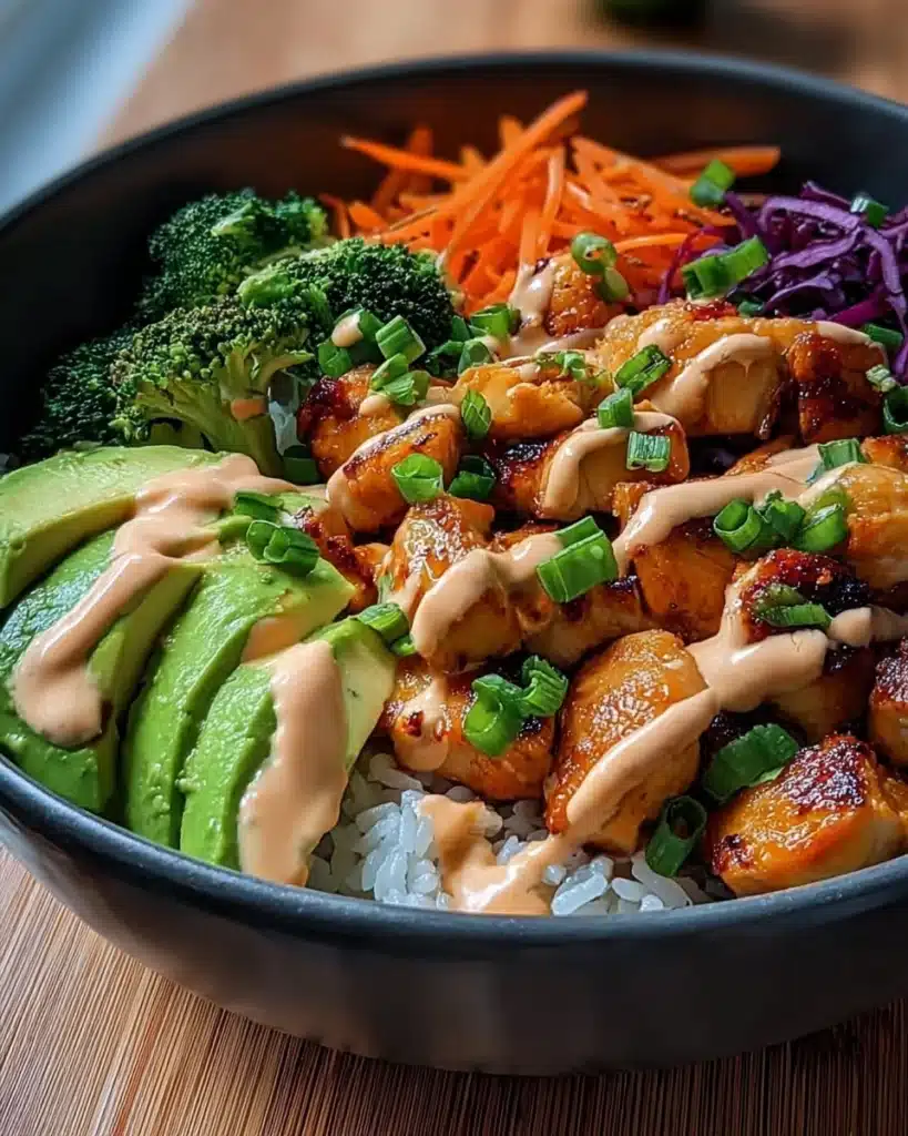 Bang Bang chicken bowl with rice, avocado, broccoli, carrots, and spicy sauce