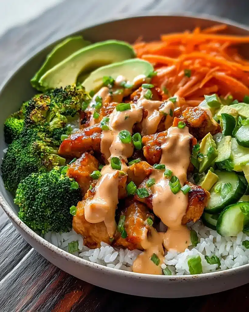 Bang Bang chicken bowl with rice, avocado, broccoli, carrots, and spicy sauce