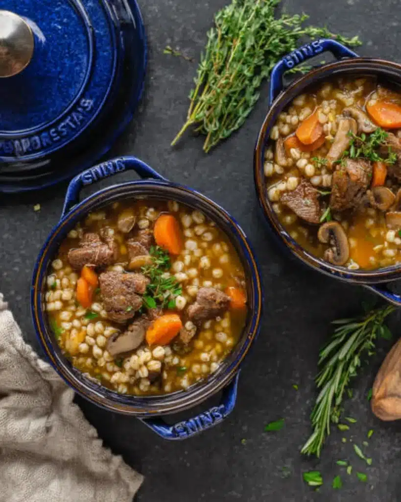 Two bowls of hearty beef barley soup with beef, barley, and carrots, garnished with fresh herbs