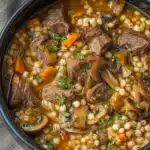 Hearty beef barley soup with mushrooms, carrots, and tender beef chunks in a rustic bowl