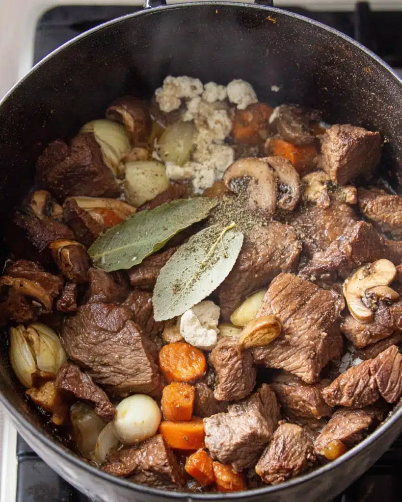 Beef barley soup ingredients in Dutch oven with beef, garlic, and bay leaves
