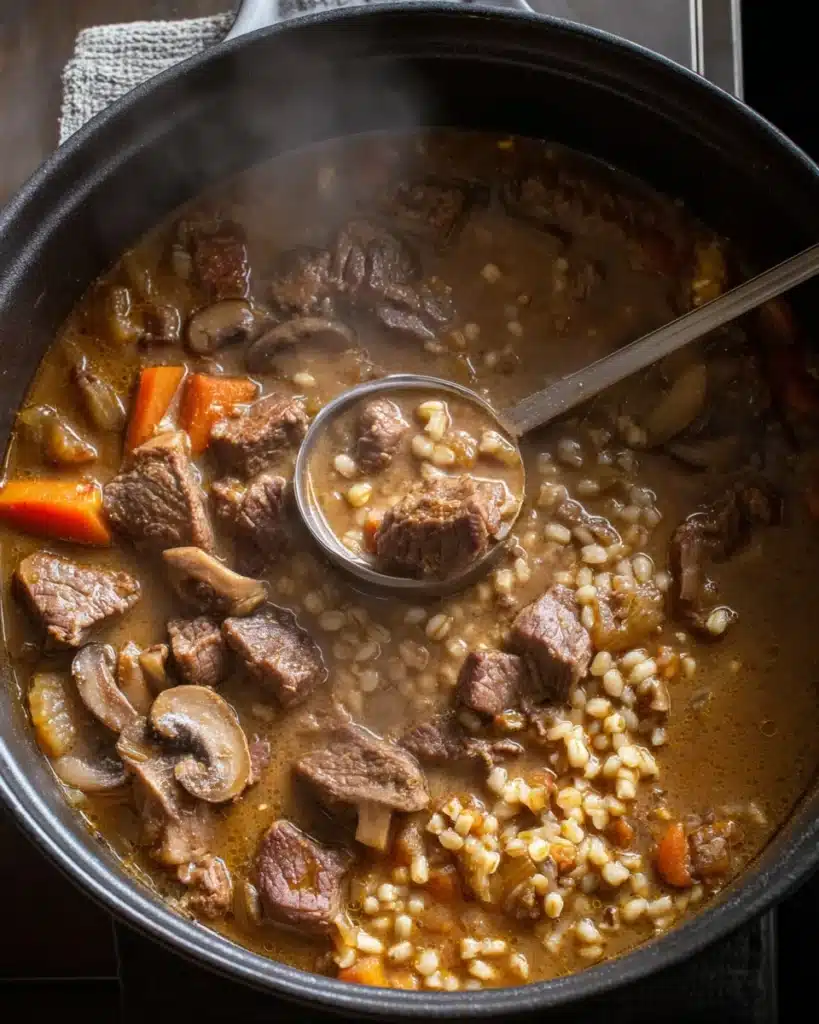 Simmering beef barley soup with beef chunks, carrots, mushrooms, and barley in broth