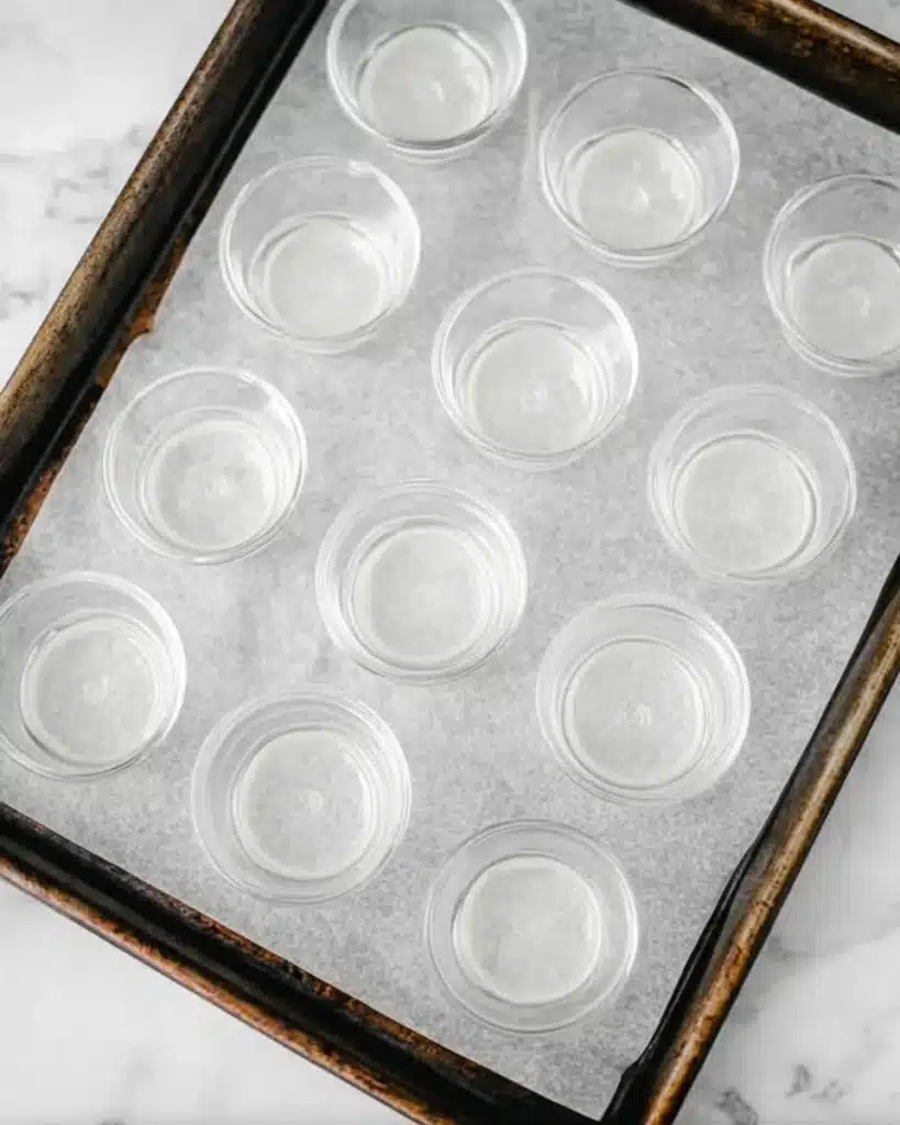 Empty plastic shot cups on a tray lined with parchment paper for jello shots