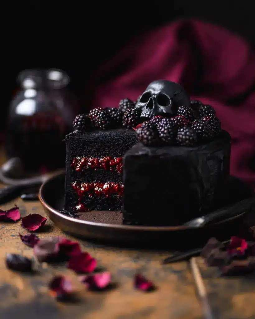 Black velvet Halloween cake with chocolate skulls, blackberries, and red berry filling