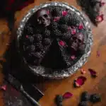 Black Velvet Halloween Cake with blackberries, chocolate skulls, and rose petals