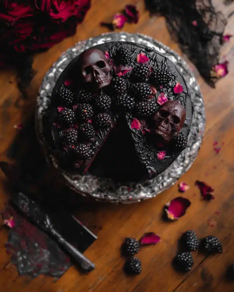 Black Velvet Halloween Cake with blackberries, chocolate skulls, and rose petals