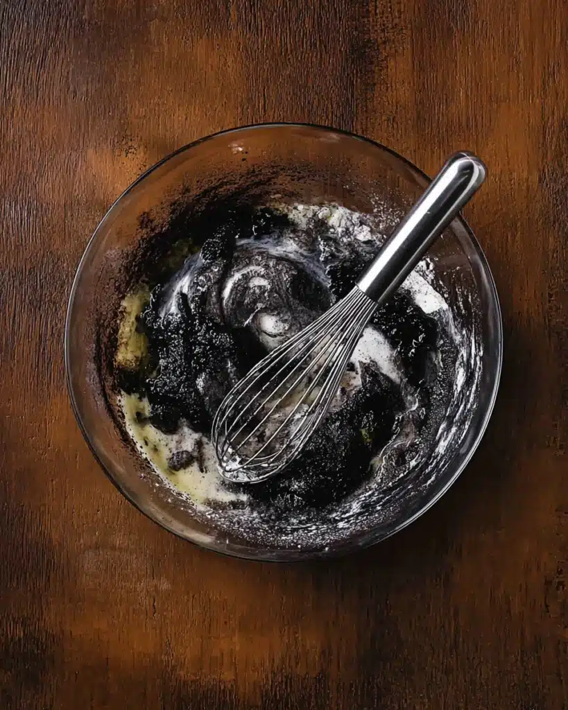 Mixing Black Velvet Halloween Cake batter with whisk in glass bowl