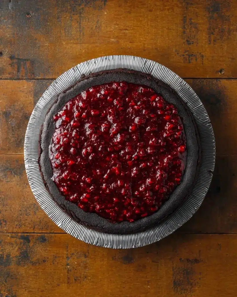 Black Velvet Halloween Cake layer filled with glossy blackberry compote