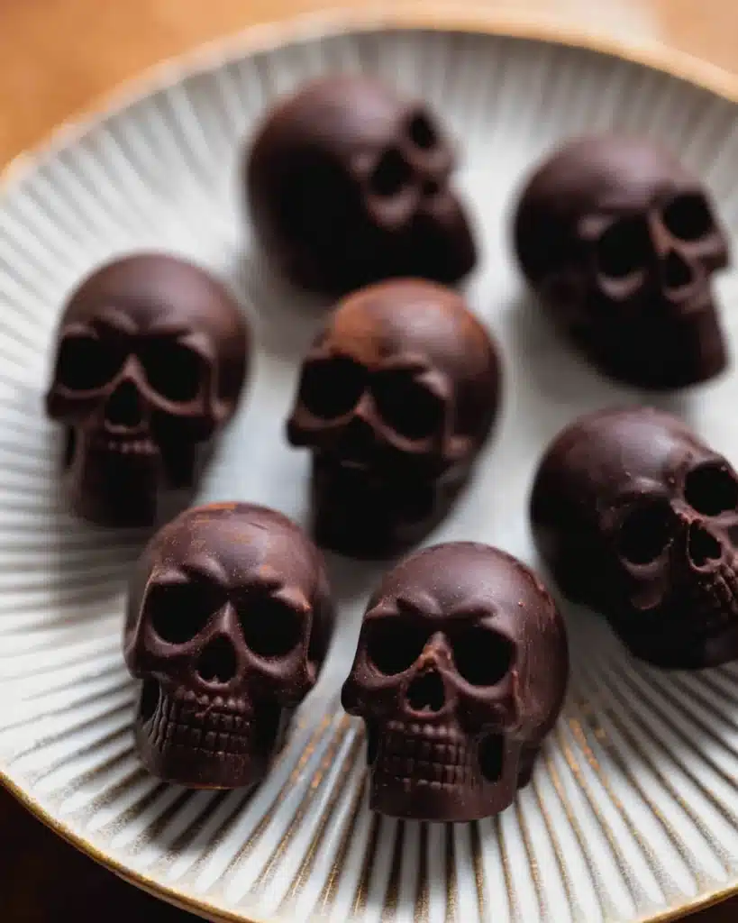 Chocolate skull decorations for Black Velvet Halloween Cake