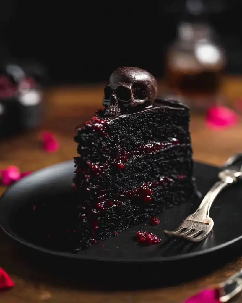 Slice of Black Velvet Halloween Cake with chocolate skull and berry filling