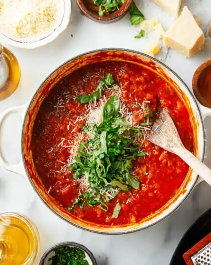 Tomato sauce with basil and parmesan for Bloody Spaghetti