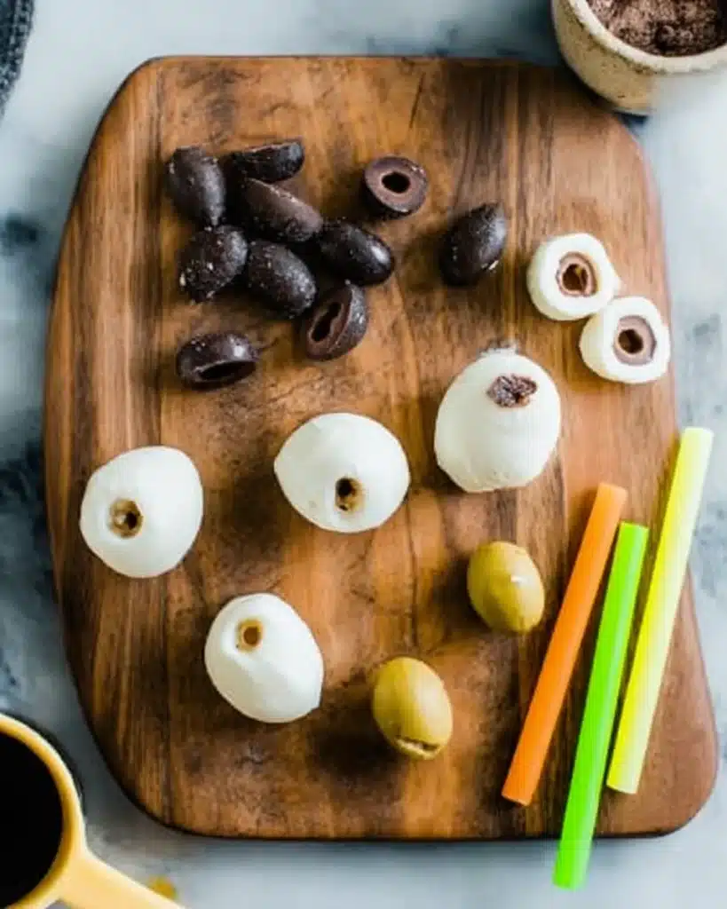 Mozzarella balls and olives on cutting board for Halloween eyeball pasta