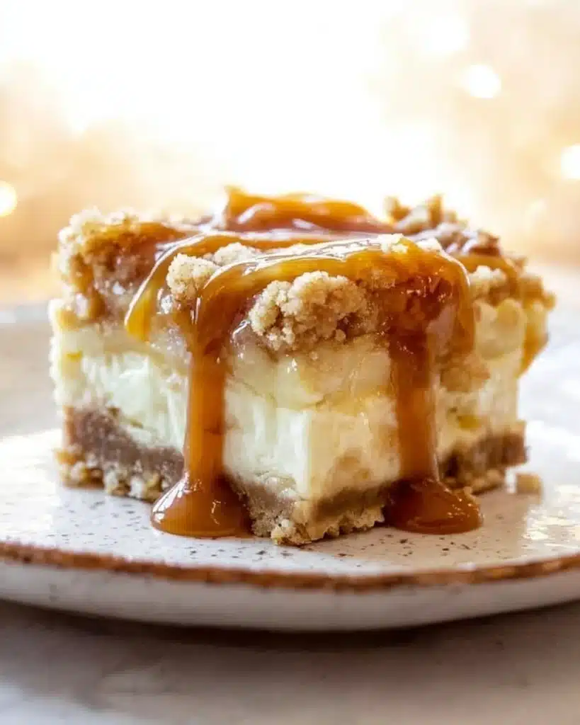 Caramel apple cheesecake bar with streusel topping and caramel drizzle on a plate