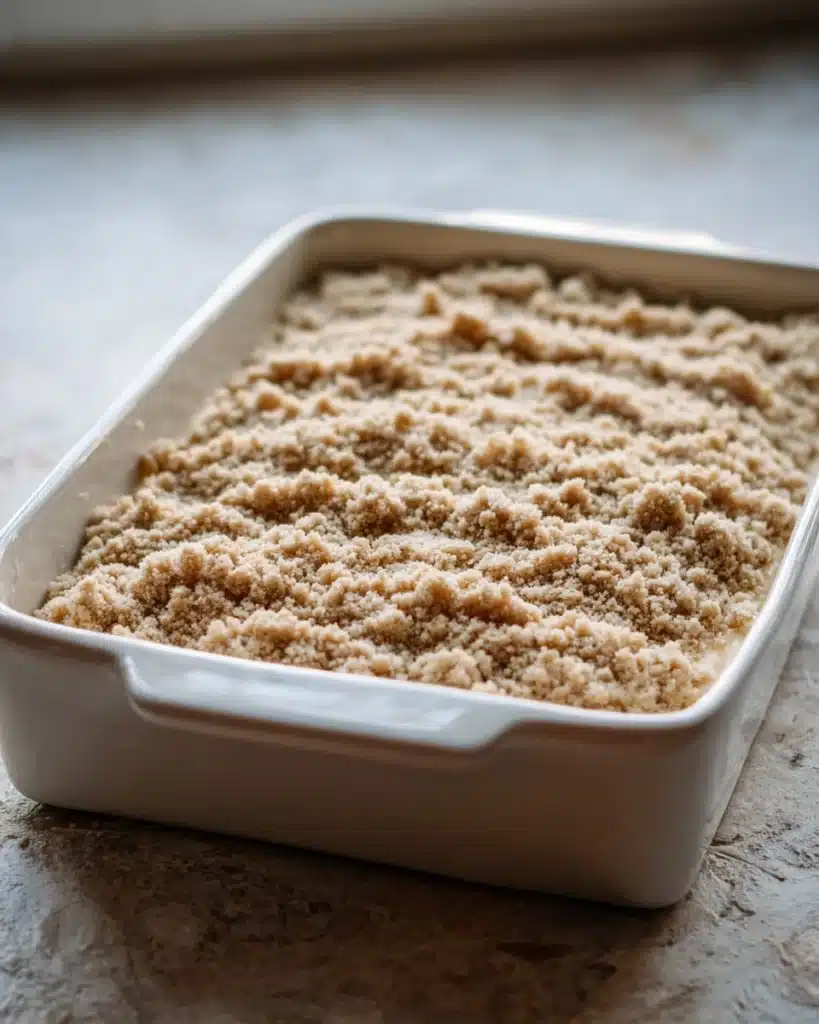 Unbaked cheesecake bars topped with streusel in a white ceramic dish