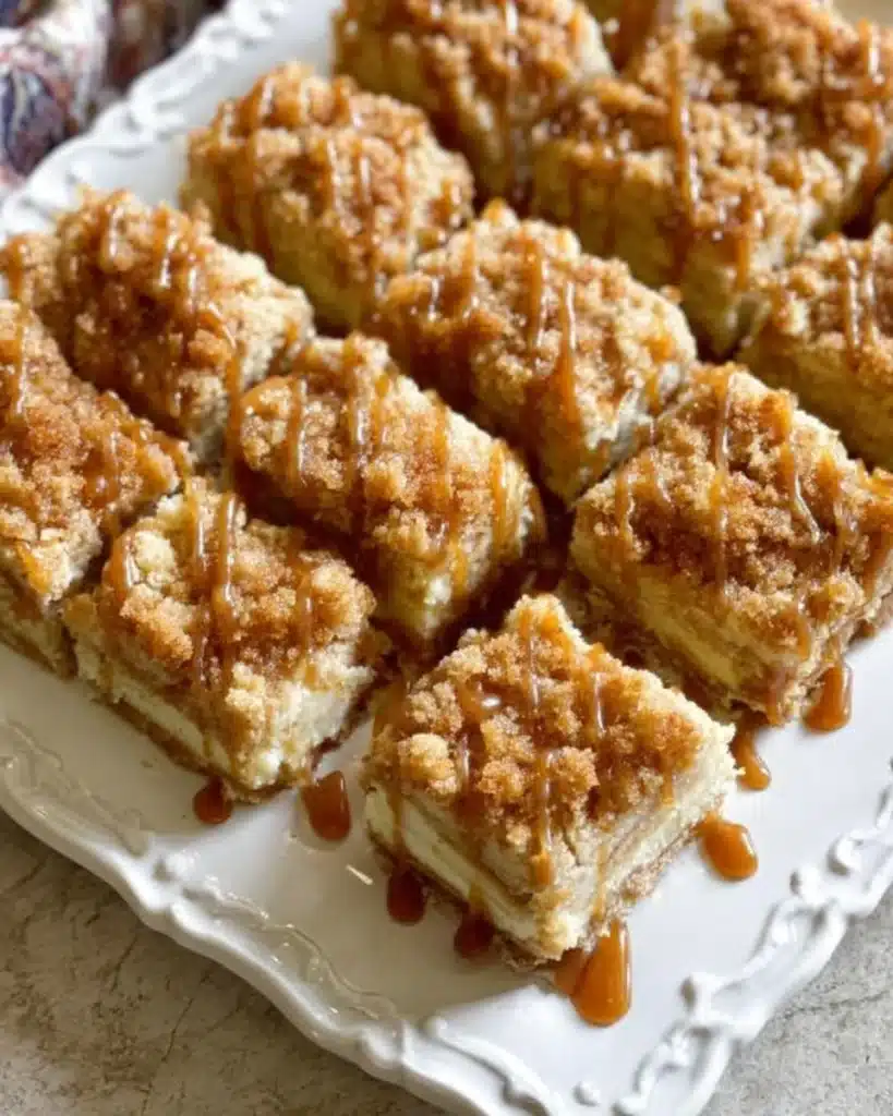 Caramel apple cheesecake bars cut into squares with streusel topping and caramel drizzle