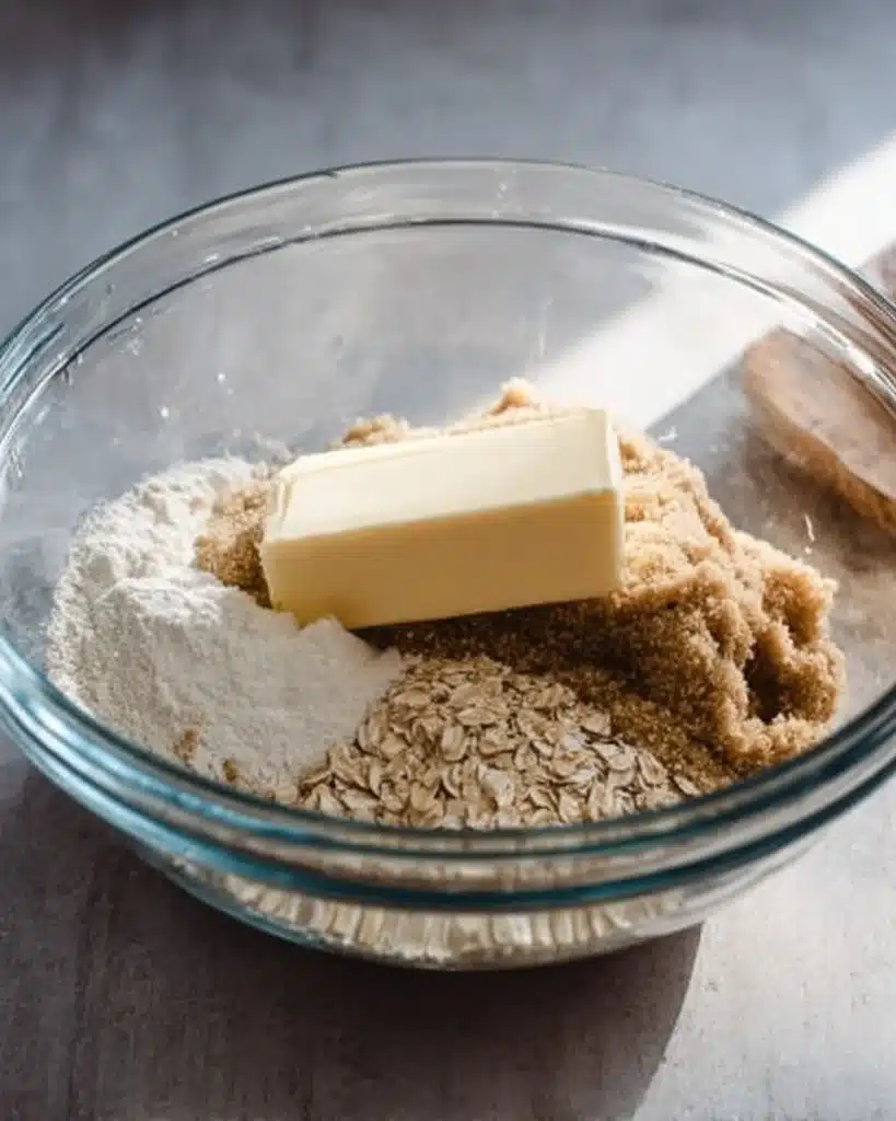 Glass bowl with butter, brown sugar, flour, and oats for streusel topping