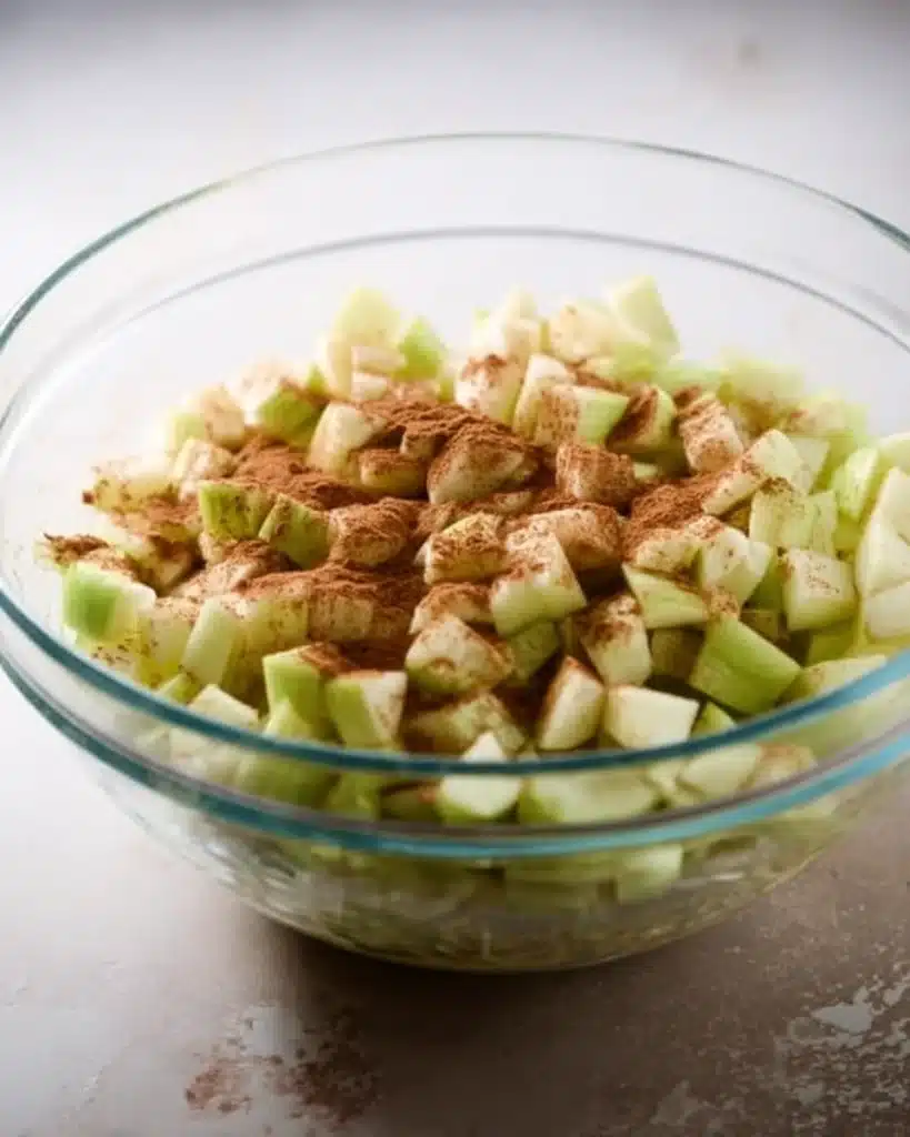 Diced Granny Smith apples with cinnamon in a glass mixing bowl