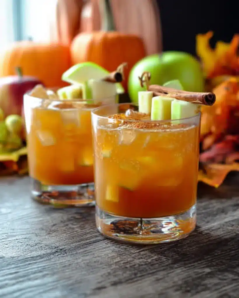 Caramel vodka apple cider cocktail with cinnamon and apple garnish