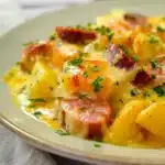 Cheese, Potato and Smoked Sausage Casserole close-up with golden cheese and herbs