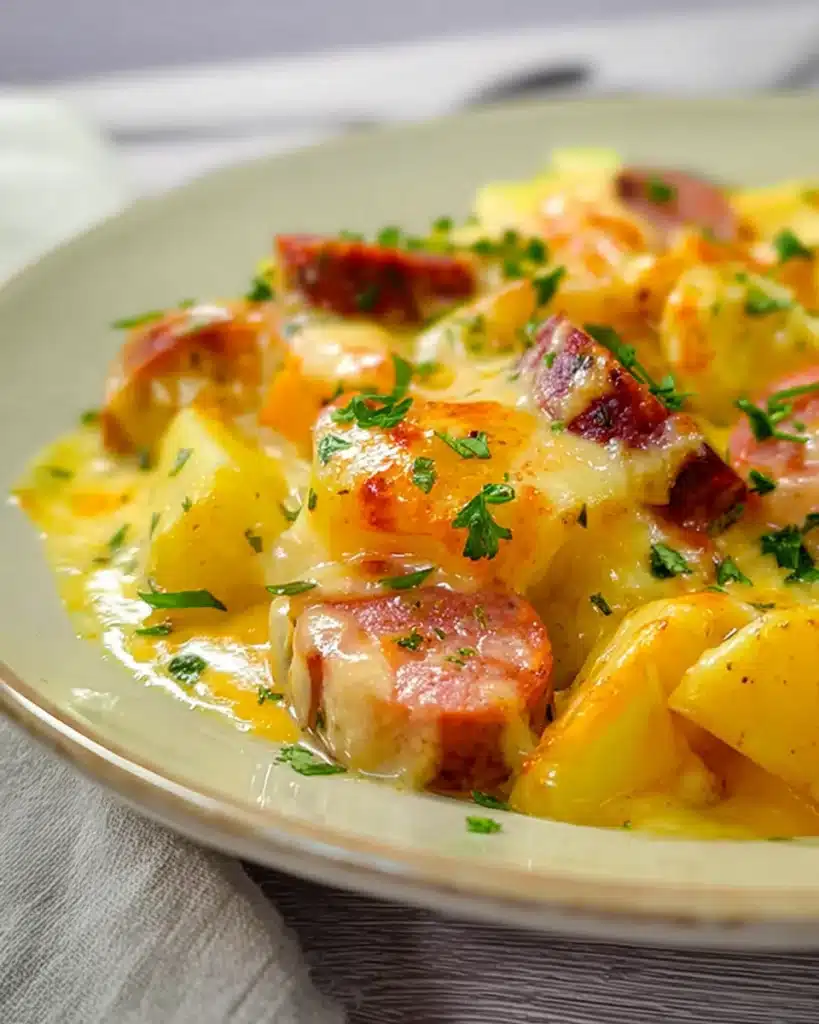 Cheese, Potato and Smoked Sausage Casserole close-up with golden cheese and herbs