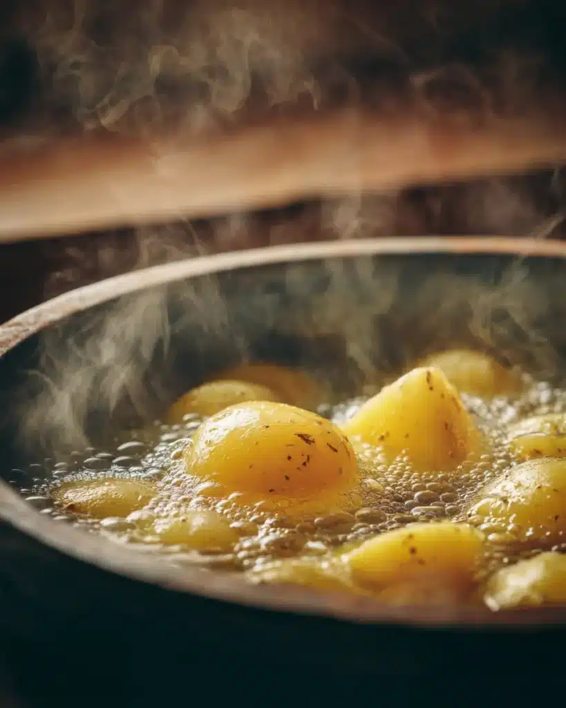 Potatoes boiling in a pot for cheese, potato and smoked sausage casserole