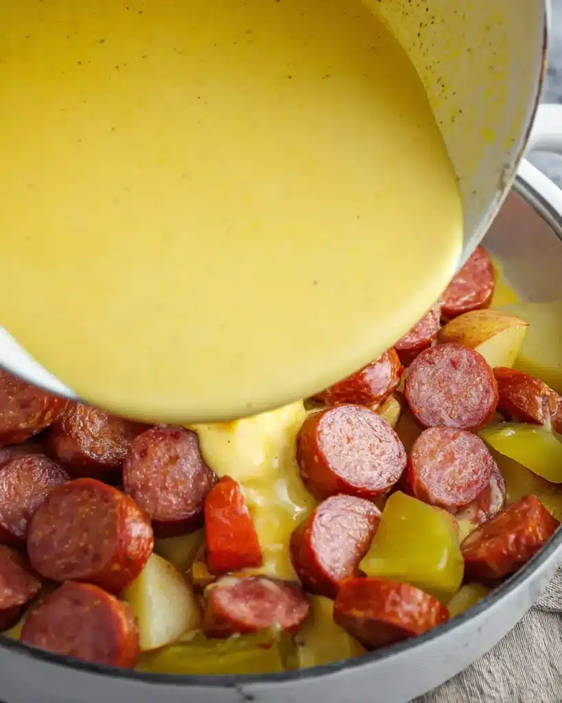 Pouring cheese sauce over potatoes and smoked sausage for casserole