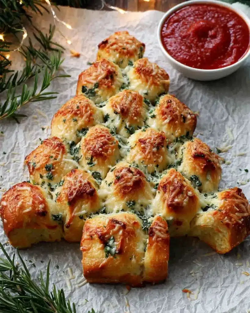 Cheesy Christmas tree bread brushed with garlic butter and herbs