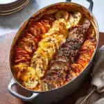 Cheesy root vegetable gratin baked in oval dish with golden crispy top