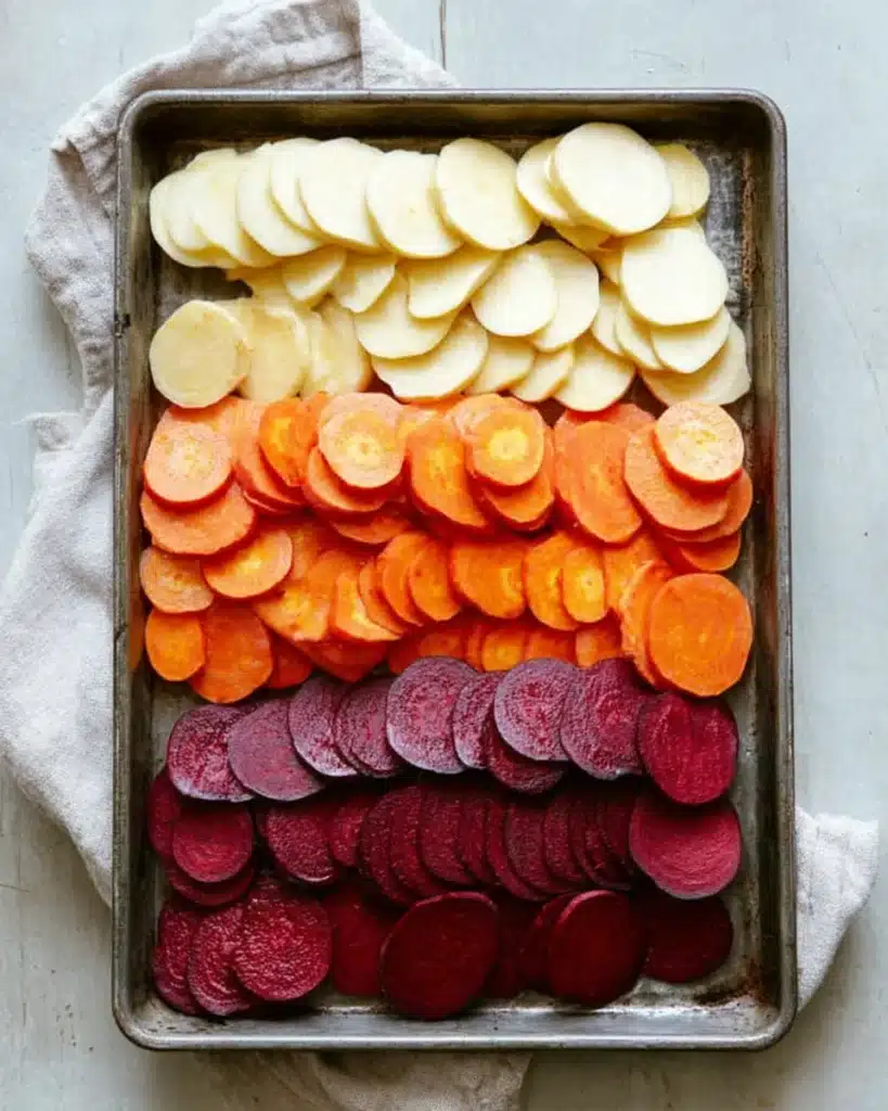 Sliced root vegetables on a tray for cheesy root vegetable gratin