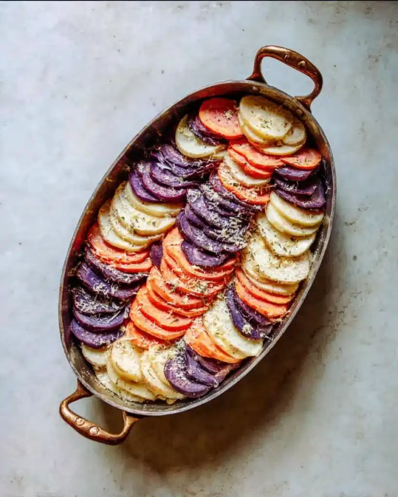 Layered root vegetables in baking dish for cheesy root vegetable gratin