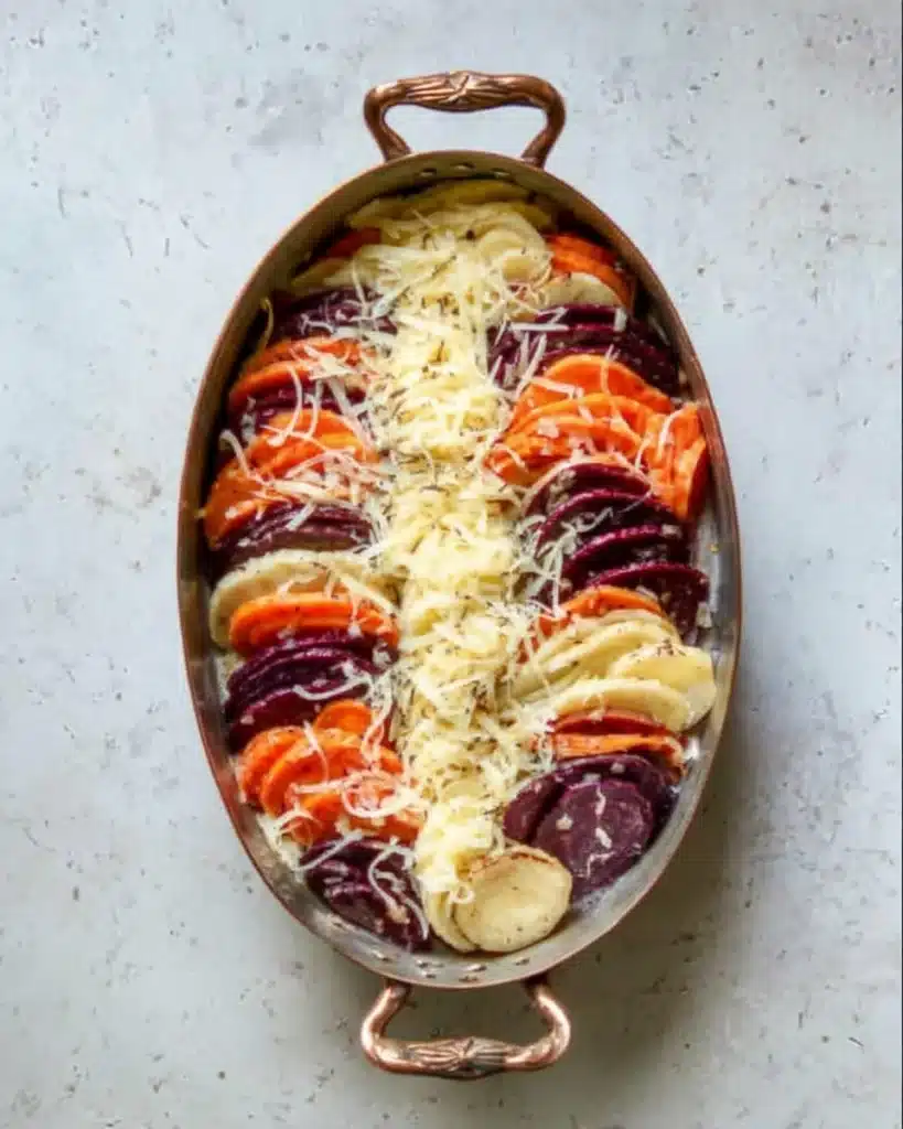Root vegetables layered in a baking dish with cheese for gratin
