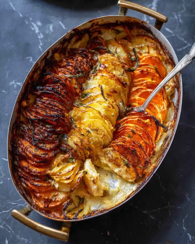 Golden baked cheesy root vegetable gratin with crispy edges and spoon