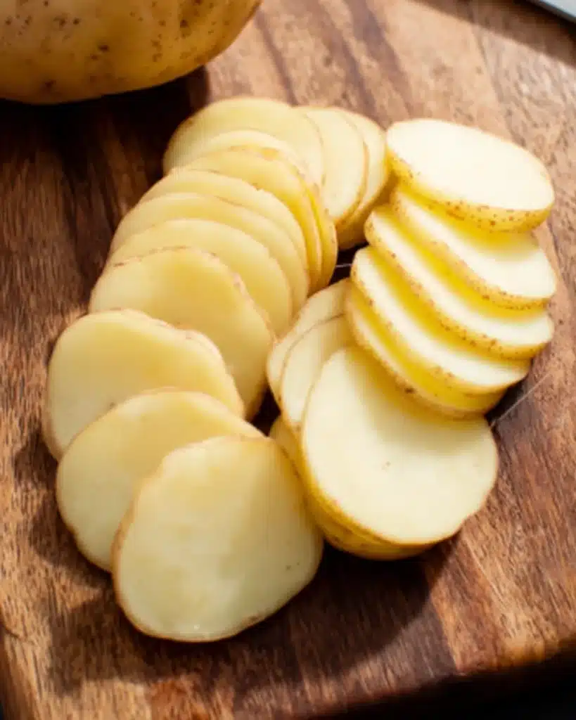 Thinly sliced potatoes on wooden board for scalloped potatoes