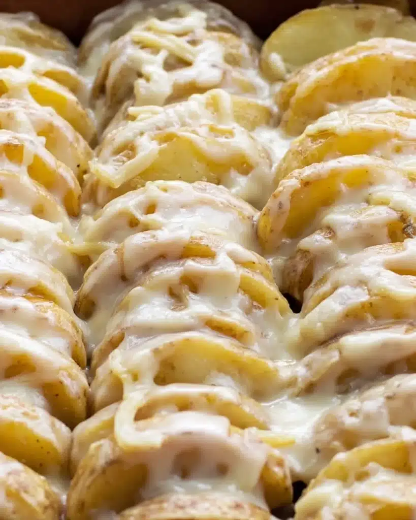 Potato layers covered in creamy cheese sauce for scalloped potatoes