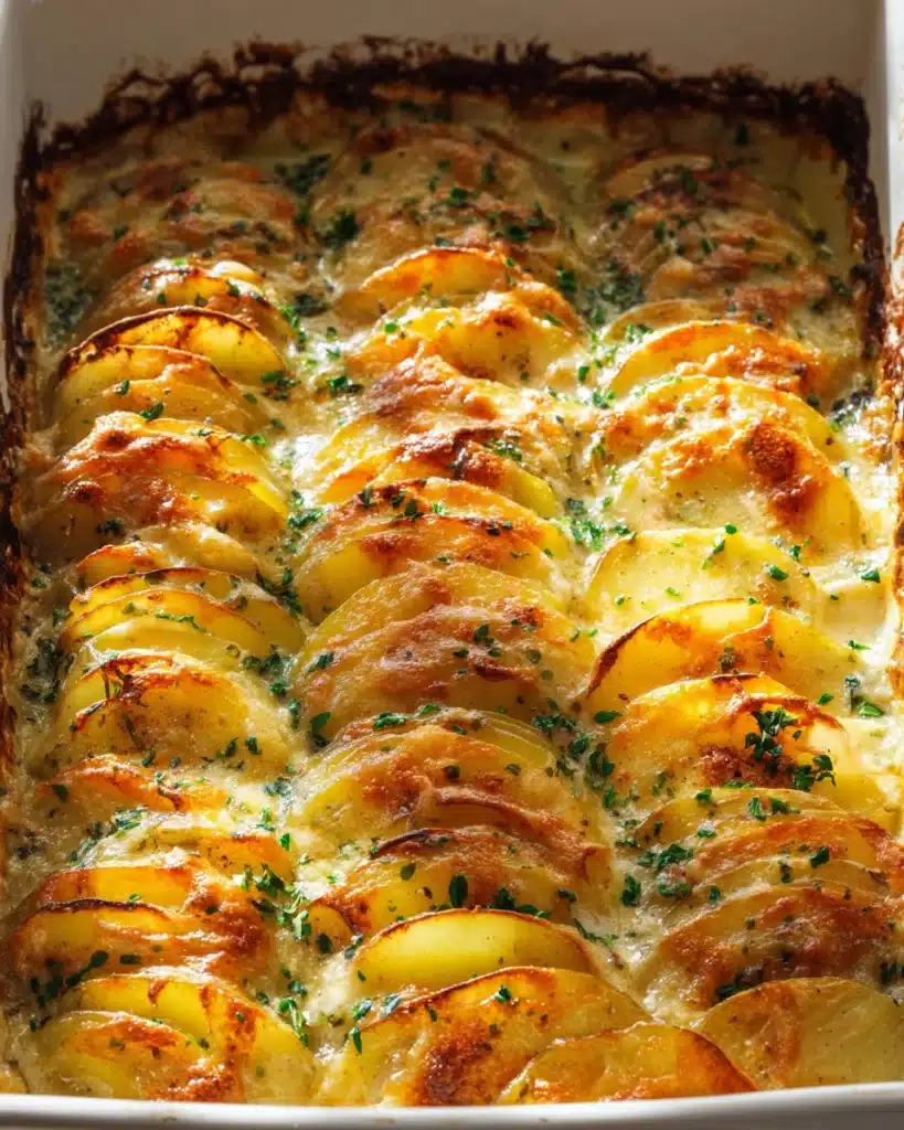 Golden baked cheesy scalloped potatoes with crispy edges in a ceramic dish