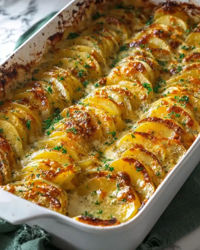 Golden baked cheesy scalloped potatoes with crispy edges and parsley